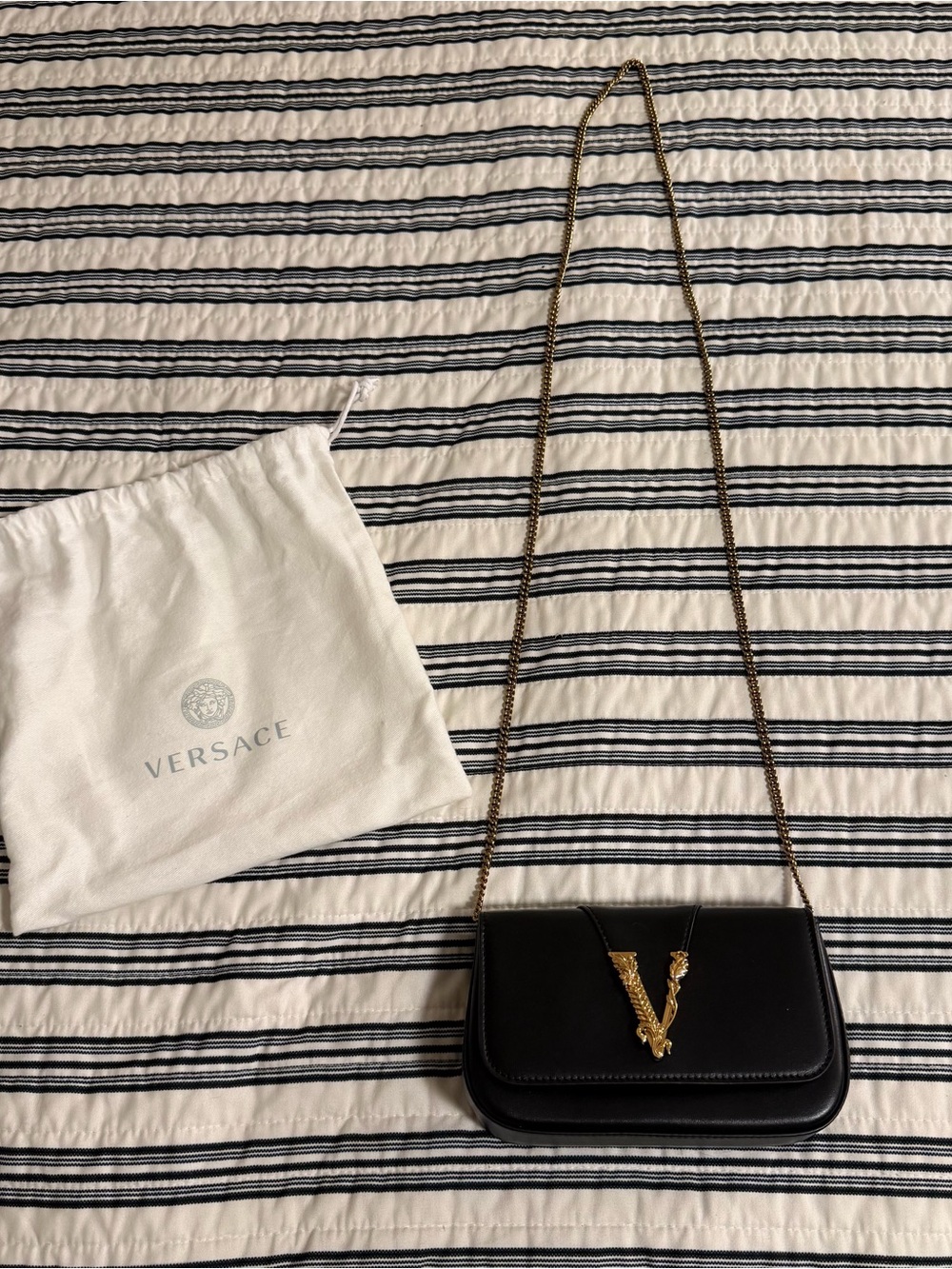 Versace Black Leather V-Logo Chain Crossbody Bag